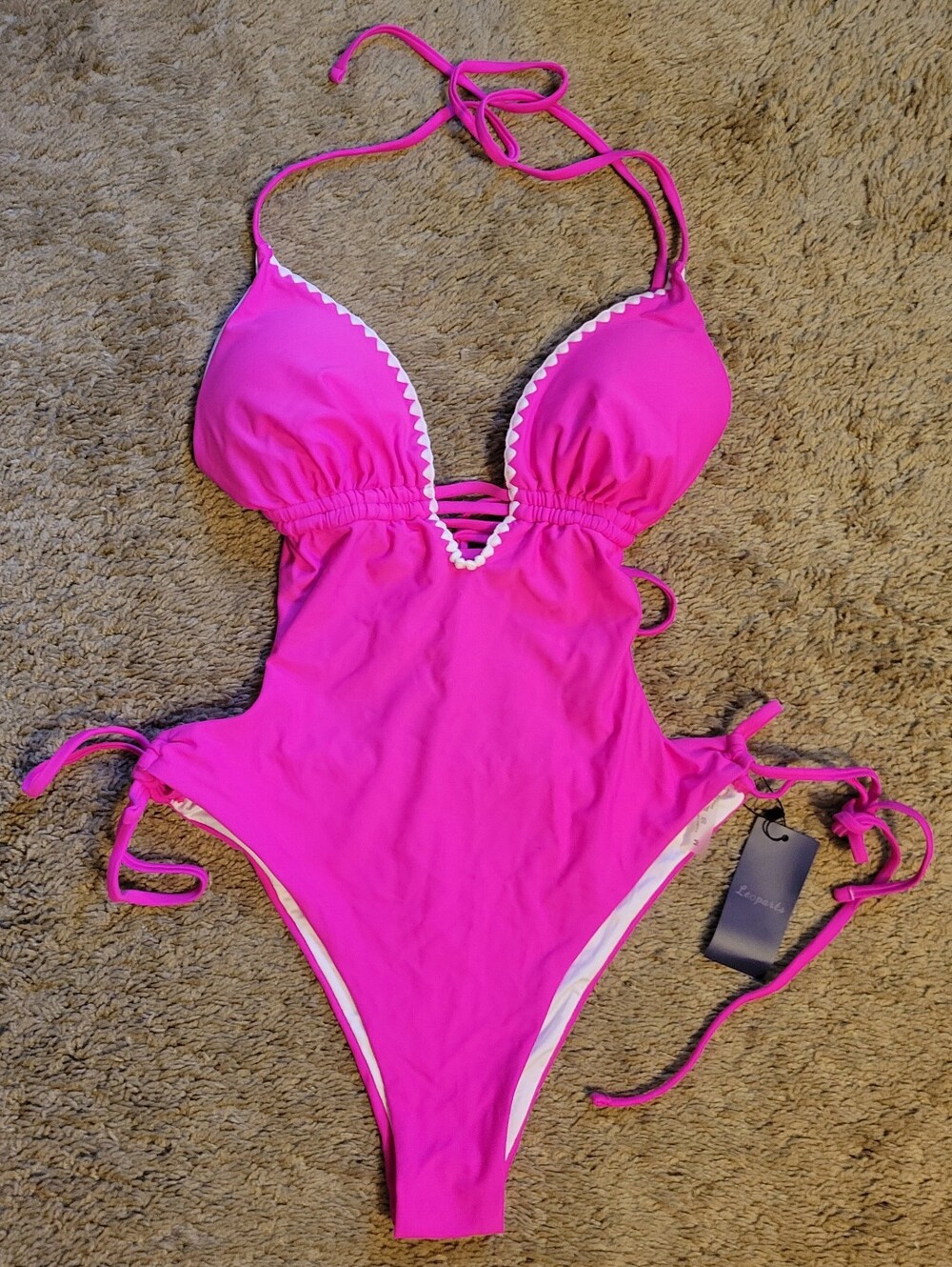 Women's Pink One-Piece Swim Suit with Lace Trim